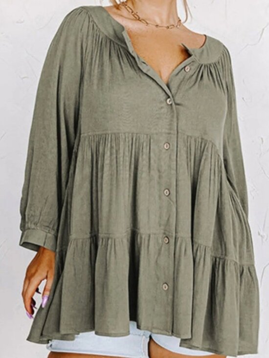 Ott Tops - Ott Women's XS Loose Fit Olive Green Button-Up Tiered Blouse Babydoll Boho-Chic